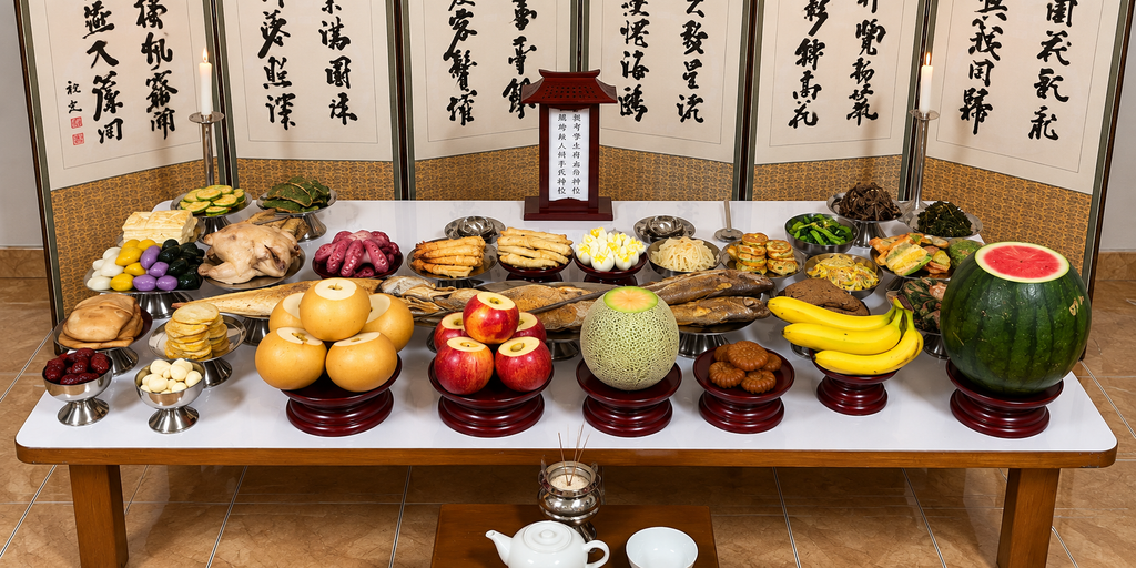 Traditional Chuseok charye table prepared at a Korean workplace in Indonesia